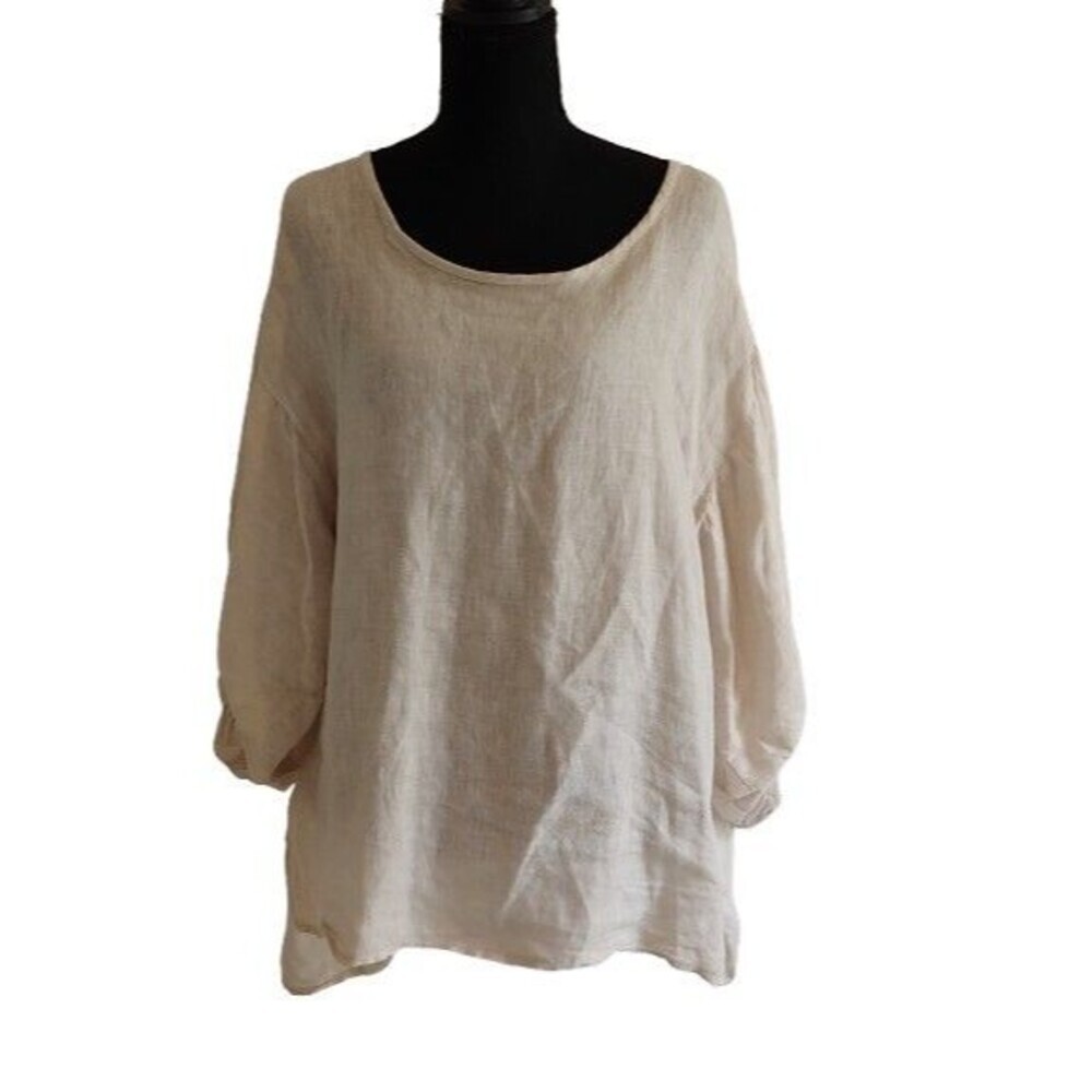 BELLAMBRA Made in Italy Linen Top Large Lagenlook Oversized Puff Sleeve Beige